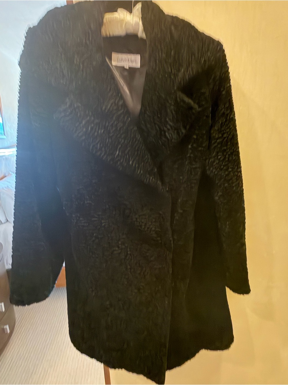 Calvin Klein Black Textured Faux Fur Pea Coat
